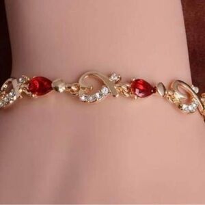 14K Yellow Gold Plated Lab Created light Red Ruby Women's Beauty Bracelet 7"